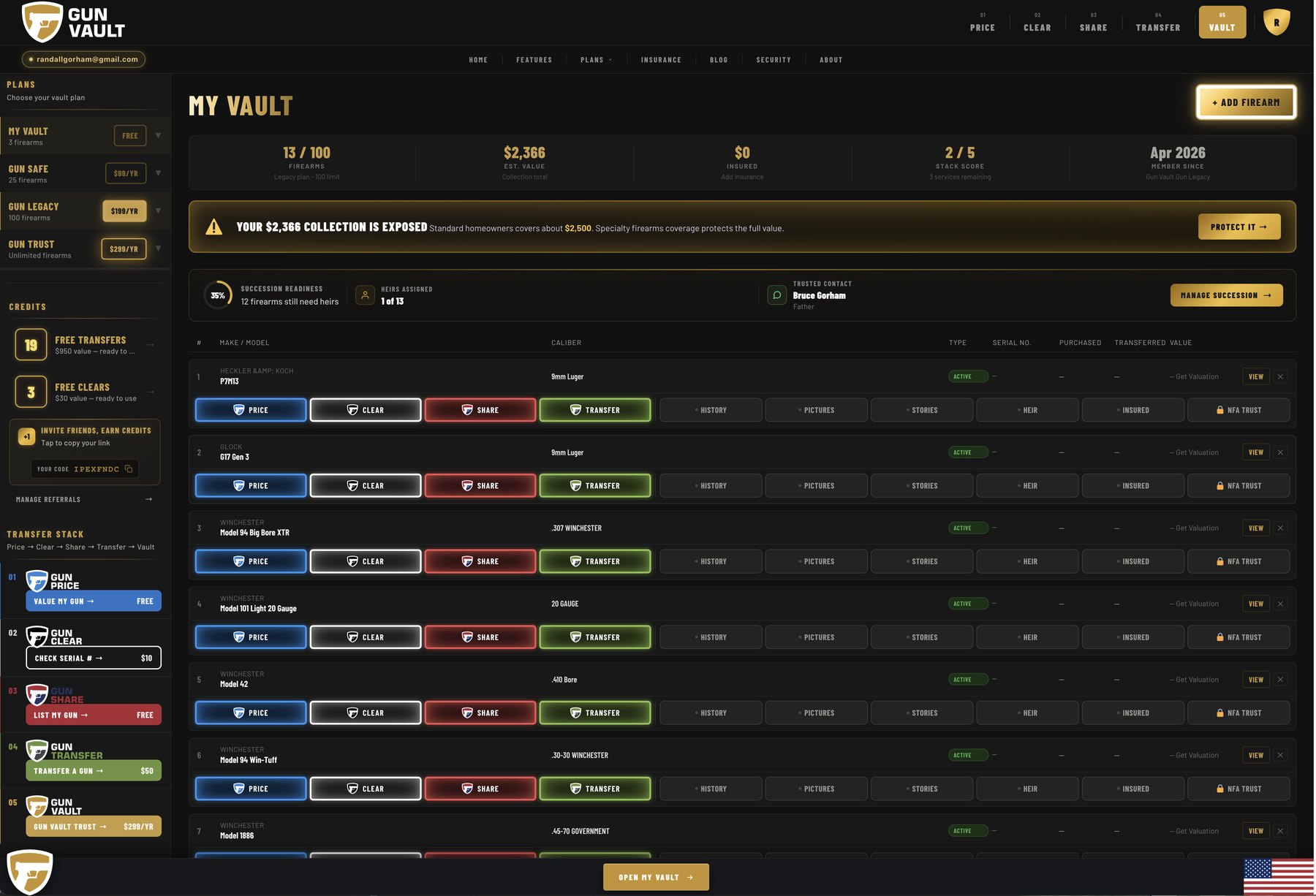 Live GUN VAULT Command Bridge dashboard
